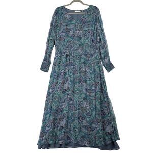 Soft Surroundings Maxi Dress Size MP Teal Boho Paisley Floral Long Sleeve Lined